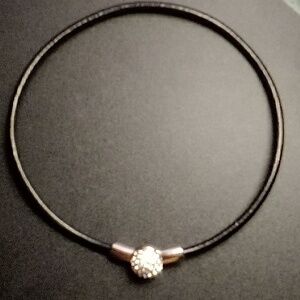 Vintage Black Leather and Silver Crystal Choker Necklace